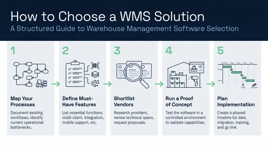 Five-step decision framework for selecting a warehouse management system solution | clarus wms Five-step decision framework for selecting a warehouse management system solution